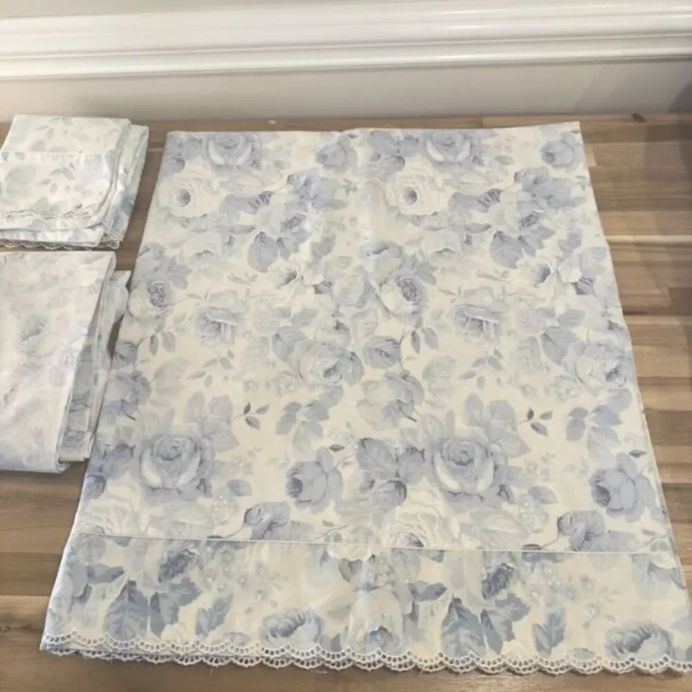 Rare Eileen West Martex Blue Peony Floral QUEEN Sheet Set 4PC‎ Eyelet Lace Trim